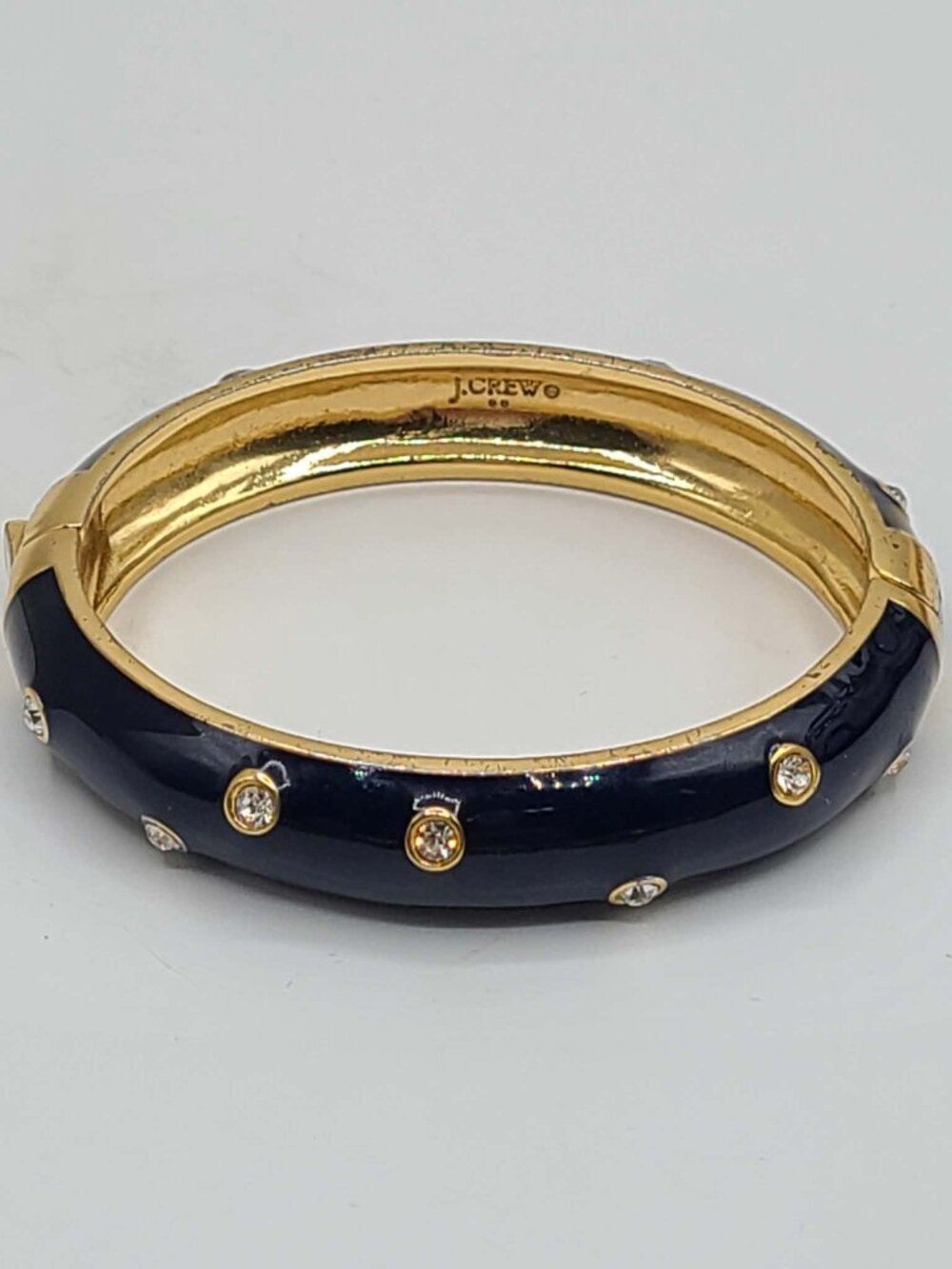 J Crew Black Enamel Hinged Bangle with Clear Crystals NWOT
